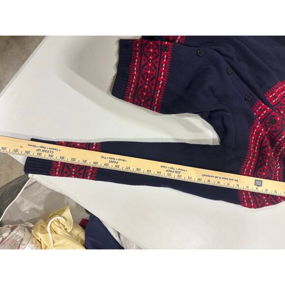 Talbots Petites Wool Fair Isle Cardigan Sweater Navy Red MP Nordic Winter Knit - Picture 9 of 9